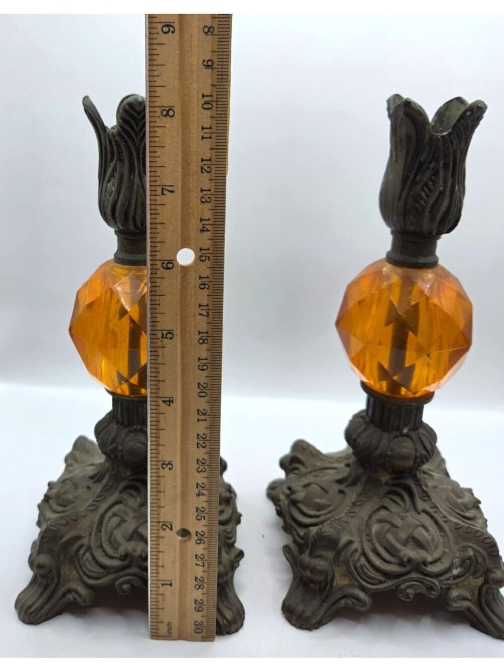 Vtg Hollywood Regency Cast Metal Amber Glass Candle Holders Pair Tulip Top 8" - Picture 11 of 12